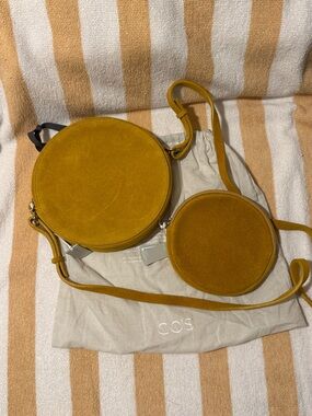 COS Round Suede Crossbody Bag in Mustard W/ Matching Coin Purse